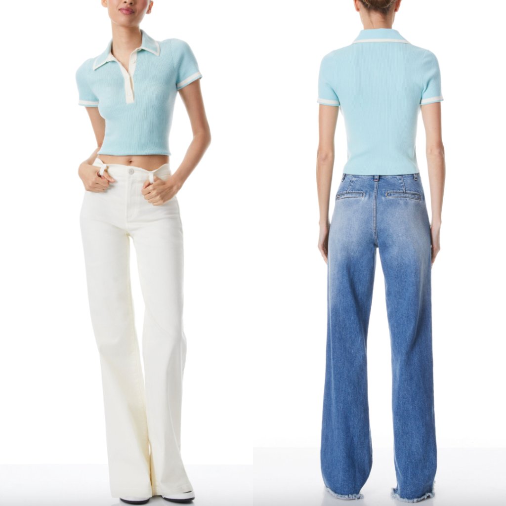$330 Alice + Olivia Blue Knit Collared Button Shirt Short Wool Top Size Large